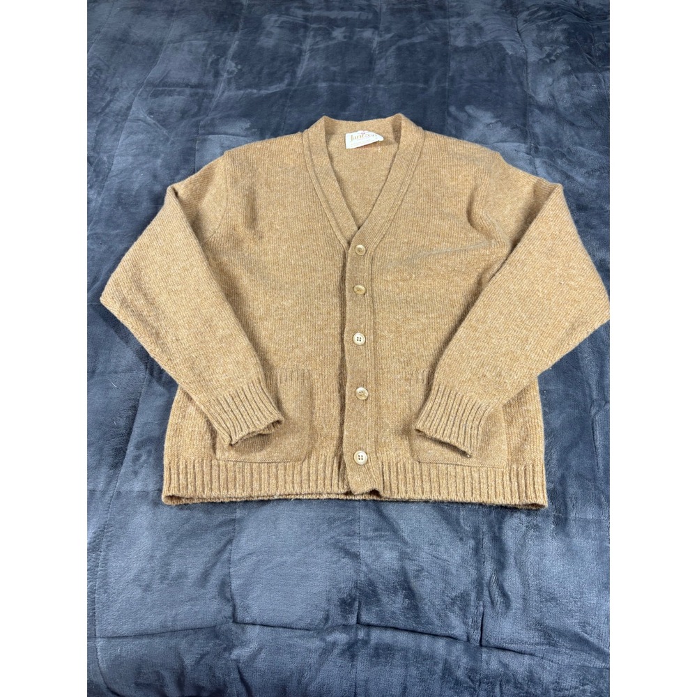 Vintage Jantzen Mens Cardigan Sweater Tan Heather V-Neck Button Front USA Made S